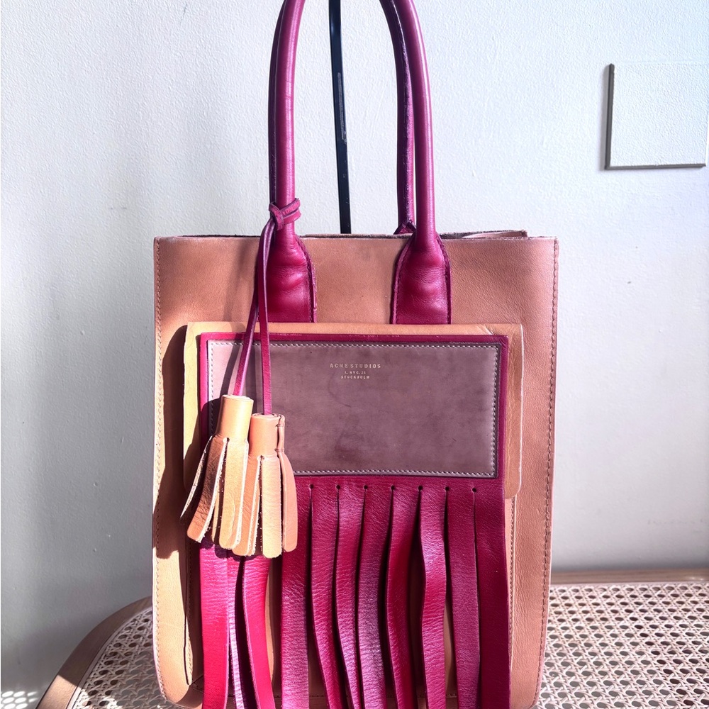 SOLD!!!  ACNE studios Stockholm, Piers Tan and Red Fringe Tote Bag $1,100